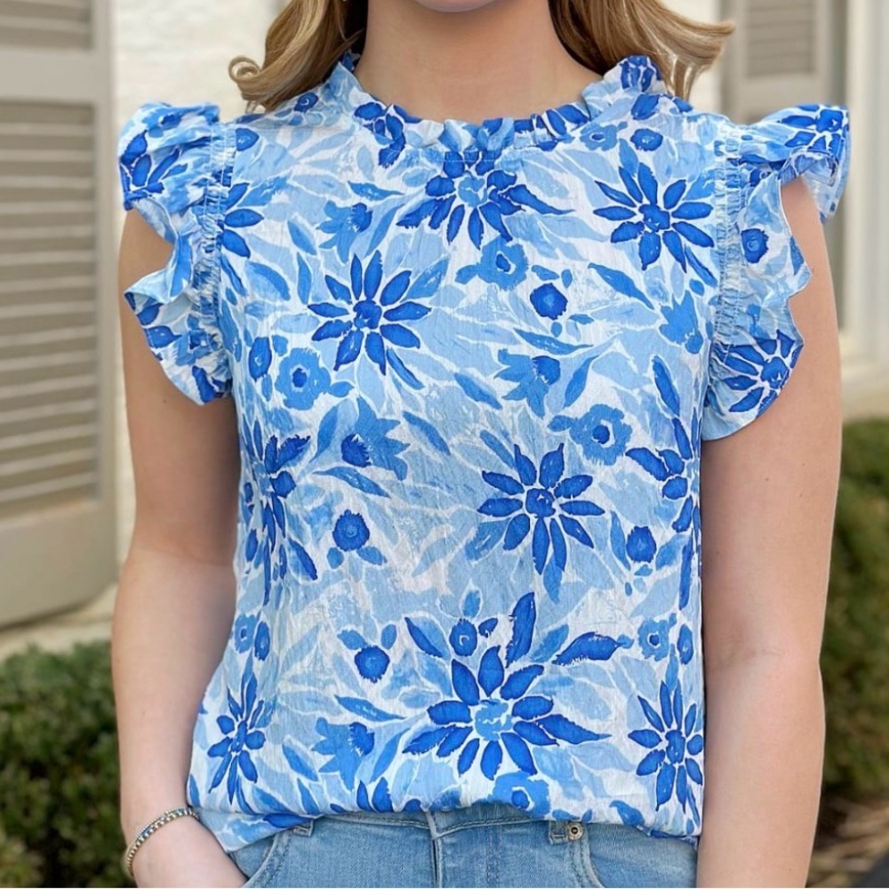 THML Blue Floral Ruffle Cap Sleeve Top